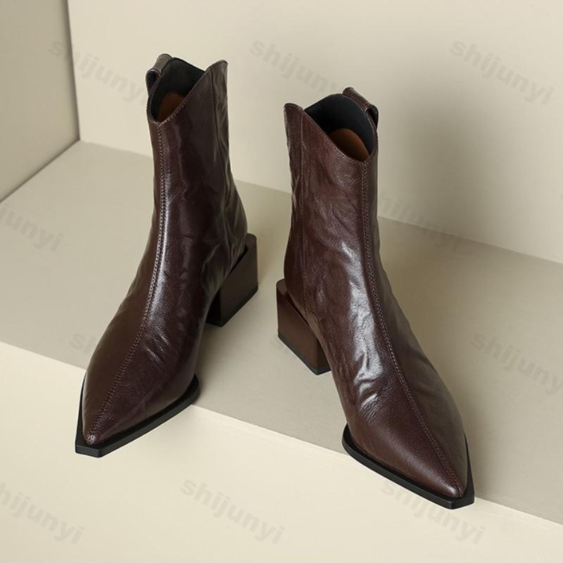 Vintage Fashion Short Boots Autumn Winter Women Square Heel Pointed Toe Chelsea Boots Height Increase Non Slip Chunky High Heels