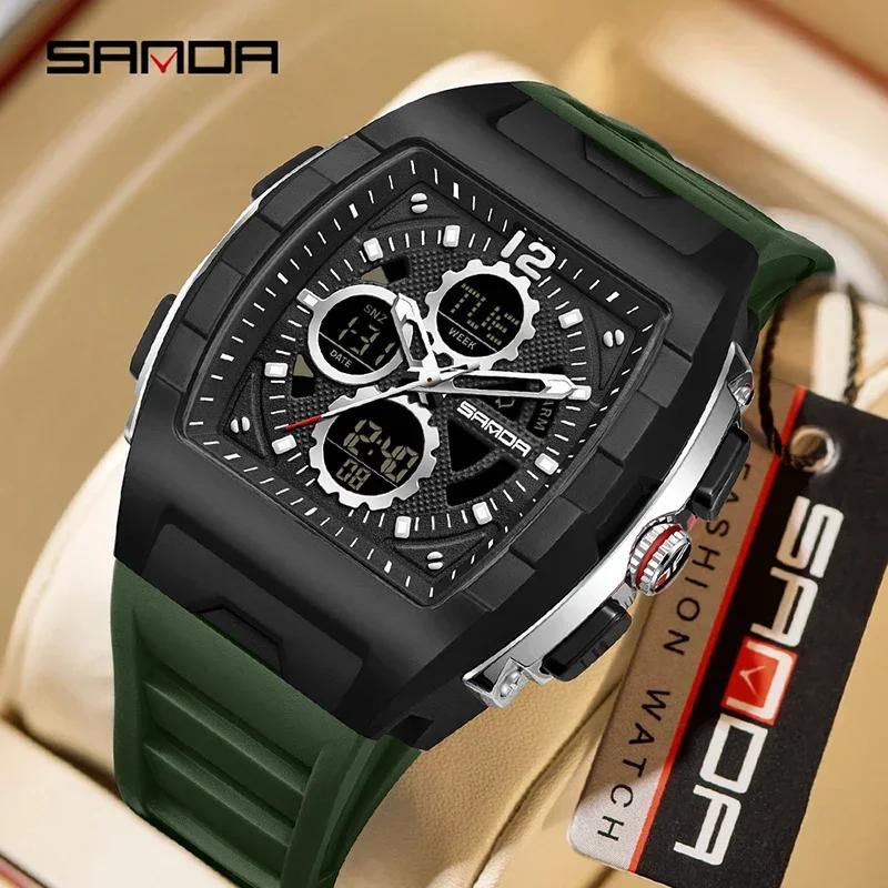 SANDA SD3391 Men Quartz Watch Chronograph Digital Watch Dual Display Outdoor Military Sport LED Luminous Clock