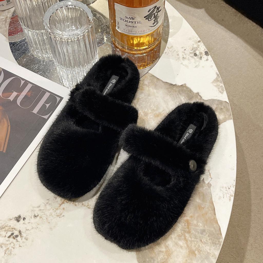 French flat-bottomed fluffy slippers for women's outer wear 2025 new autumn and winter one-pedal versatile plush cotton slippers