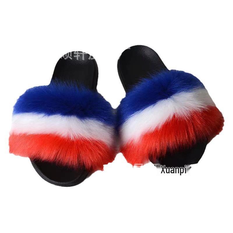 Women's Summer Fox Fur Slippers: Celebrity Trend, Flat Fur Sandals, Soft-Soled Flip Flops, Euro-American Style.