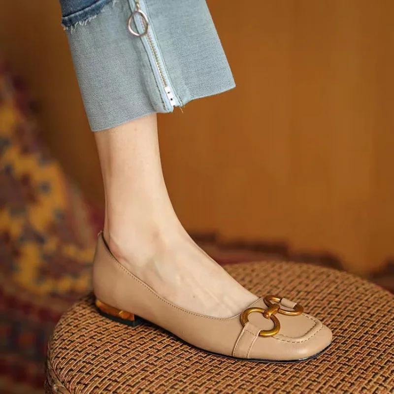 Fashion French Square Head Horsebit Leather Women Shoes Shallow Mouth Slip-On Low-heels Office Career Shoe Zapatos Mujer