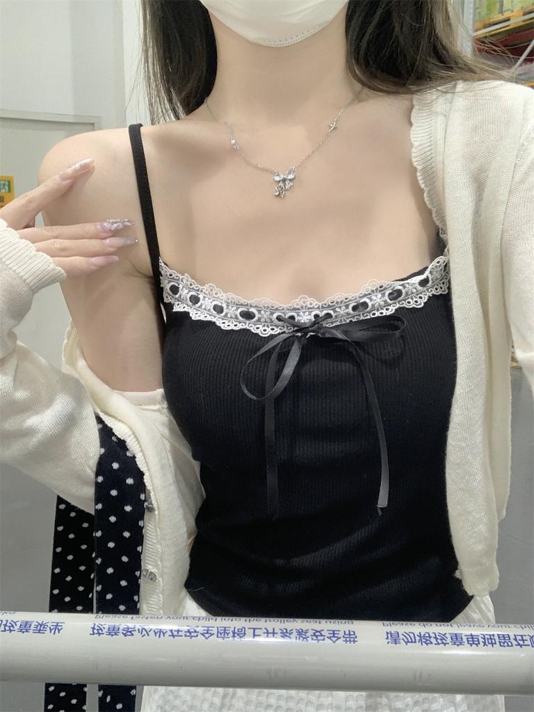 Real shot, summer Korean version of slim fit pure desire lace edge lace-up chest pad thin suspender inner vest top