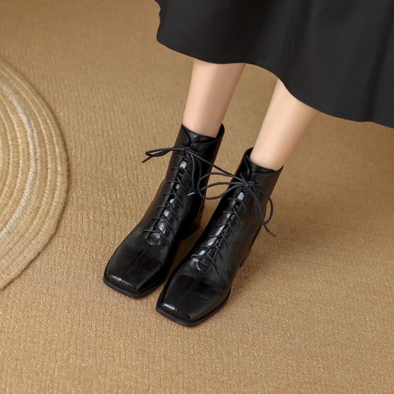 Moda NUOVO Autunno Scarpe da Donna Punta Quadrata Tacco Grosso Stivali Scarpe in Pelle Scamosciata per Donna Stivaletti Tacco Alto Allacciatura Stivali di Design