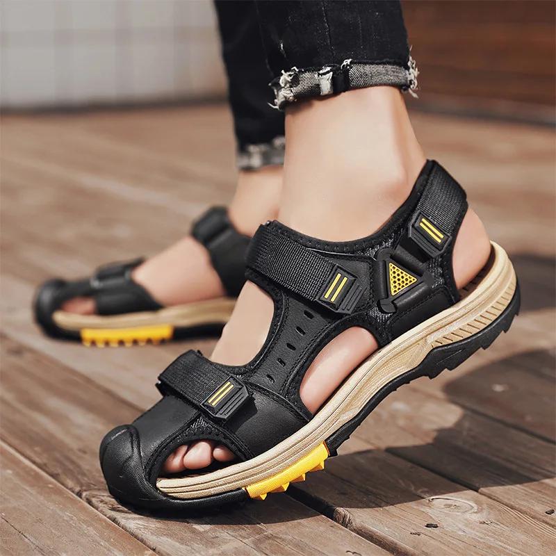 Summer Genuine Leather Sandals For Men Slip On Waterproof High Quality Beach Shoes Men Fashion Trend Walking Causal Shoes Male