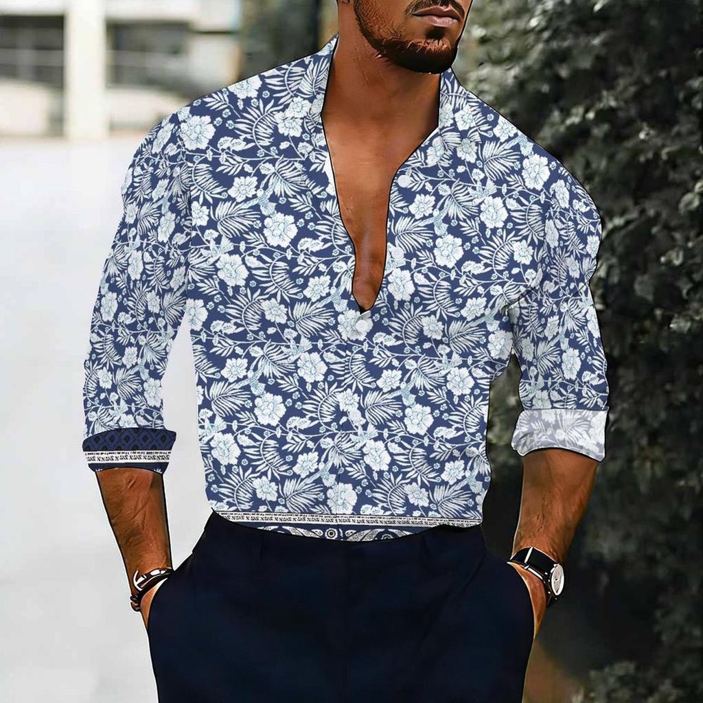 Men Collared Shirt Multicolor Vintage Paisley Diamond Floral Print Long Sleeve Button Down Top