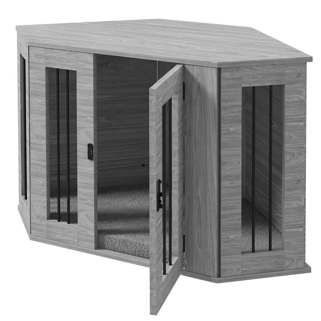 Dog Crate Furniture Side Table, with Cushion, 104 x 55 x 63cm - Grey