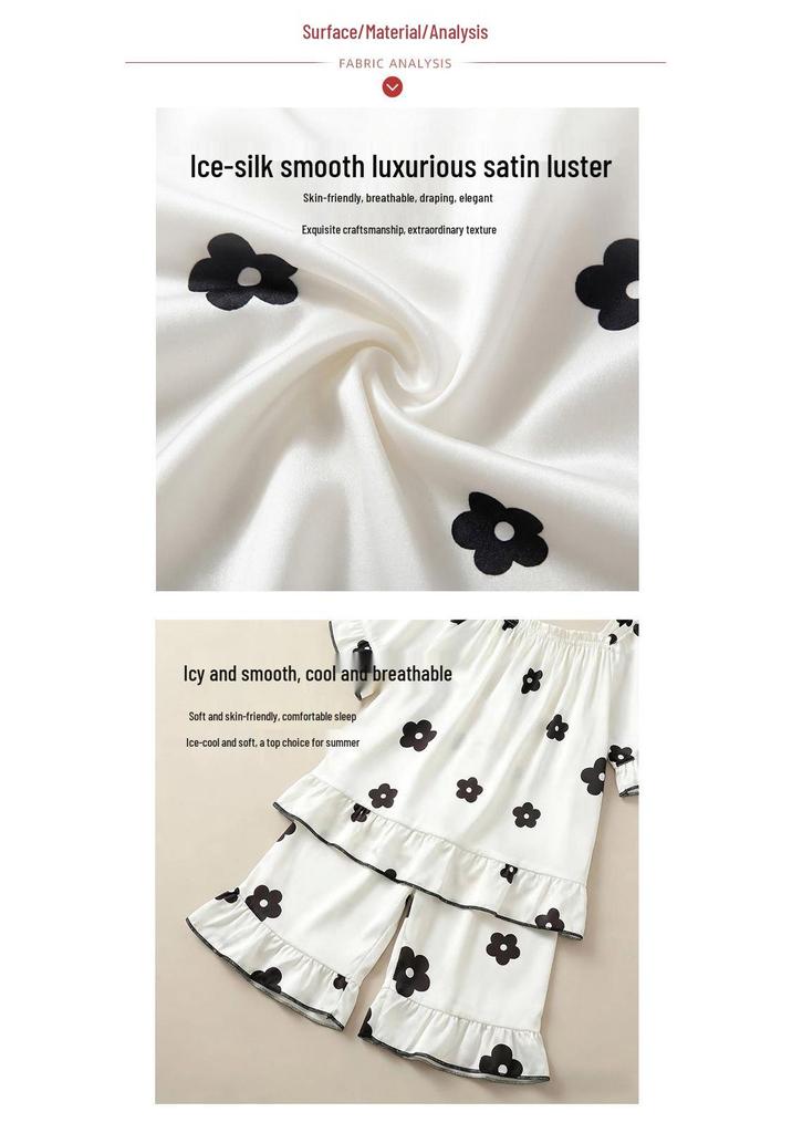 Girls' Ice Silk Short Sleeve Pajama Set, Cooling Home Wear for Summer, Suitable for Medium and Large Children.