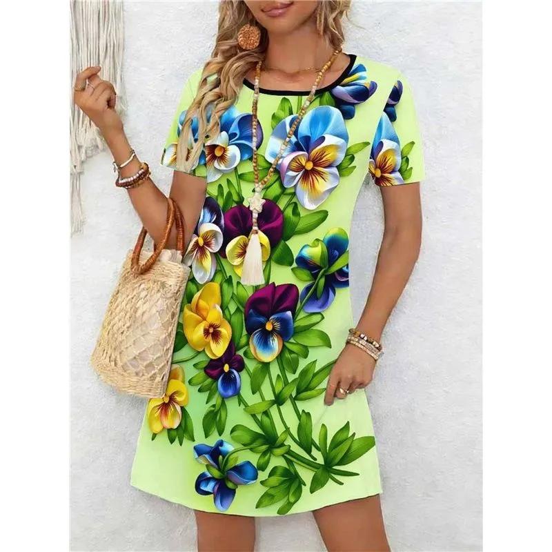 Fashion Women's Crew Neck Dress 3D Casual Color Printing Casual Short Sleeve Crew Neck Dress