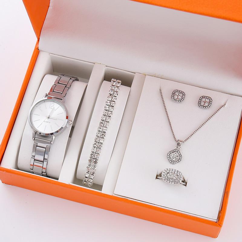 5Pcs/Set High Fashion Diamond-Encrusted Women'S Watch Small Fresh Retro Simple Watch Women'S Bracelet Set