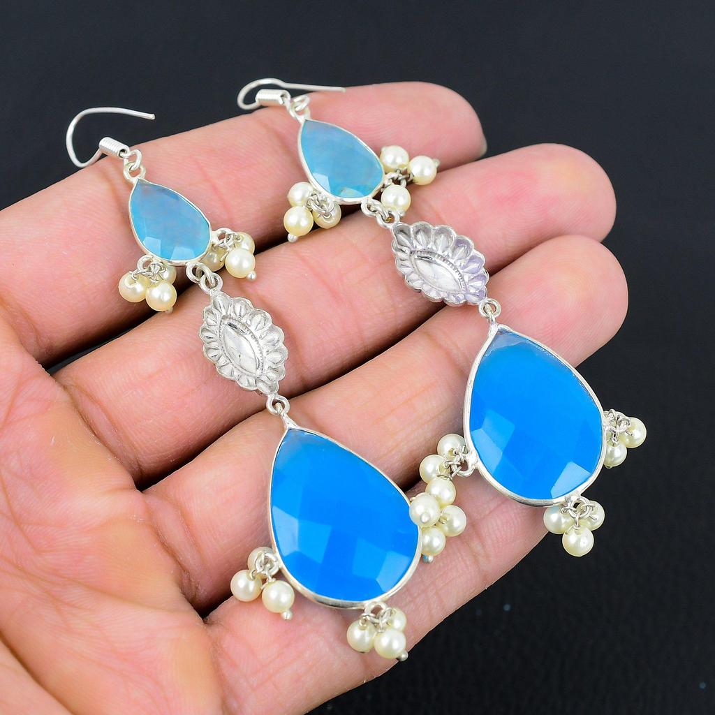 Geburtstagsgeschenk Für Sie Natürliche Blaue Saphir Tropfen/Hängeohrringe 925 Silber