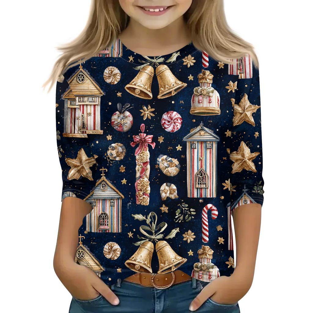 Children's 3/4 Sleeve Round Neck Top Christmas Tree Printed Everyday Casual Top