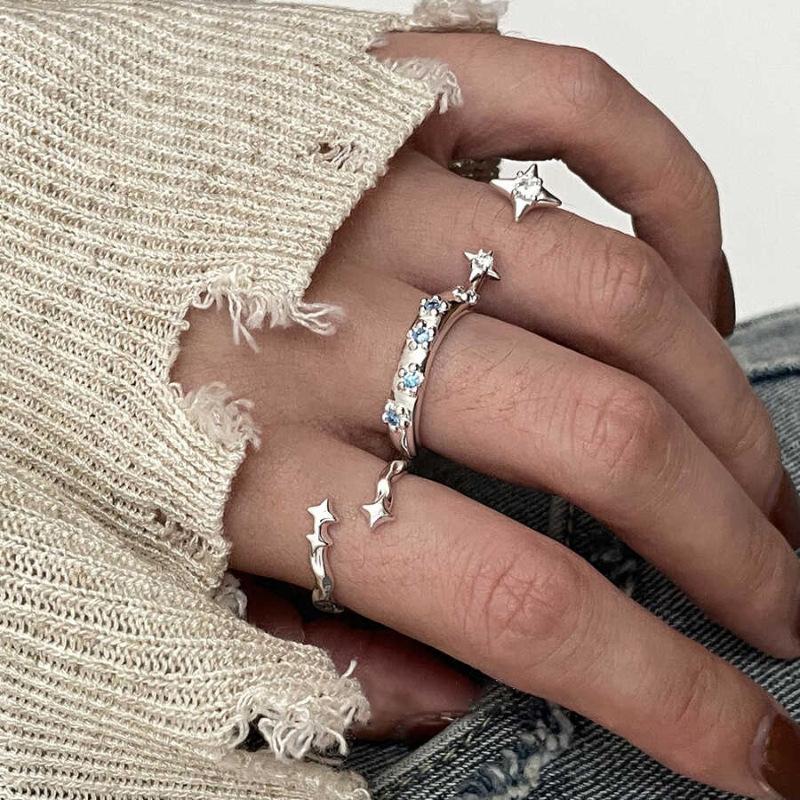 PANJBJ 925 Sterling Silver Blue Zircon Set of Rings For Women Girl Stars Flower Sweet Korean Trend Jewelry Gift Dropshipping