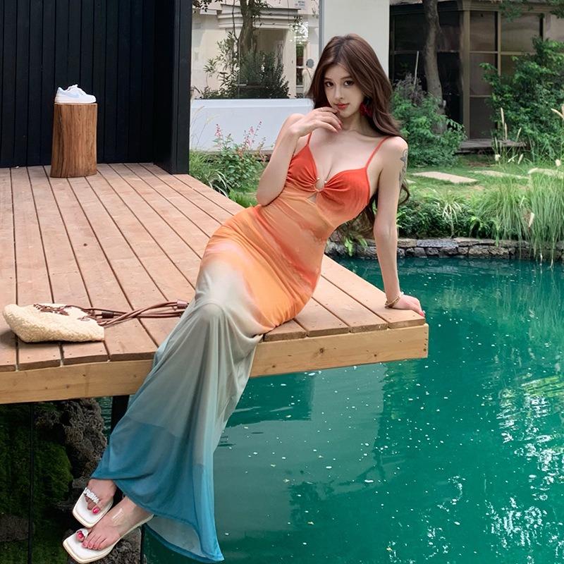 Spice Girls Sexy Mesh Print Suspender Dress Women's Beach Vacation Gradual Change Color Hollow Floor Dress