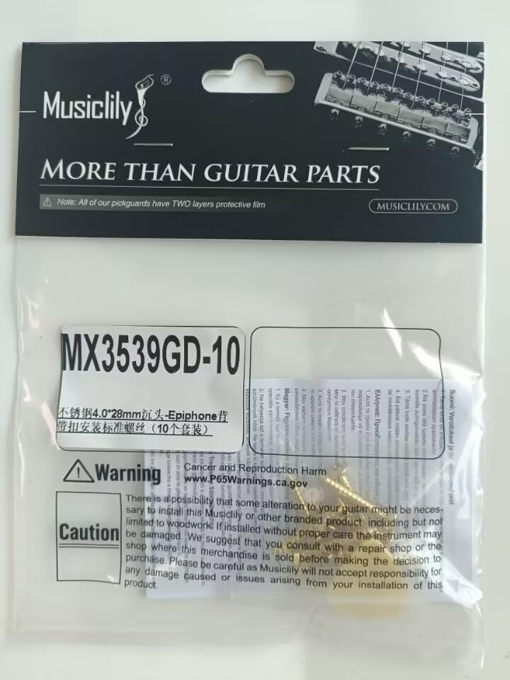 Musiclily Ultra 4x28mm Stainless Steel Strap Pins, Screws, Round Head Screws for Epi Electric Guitars, Gold (Pack of 10)