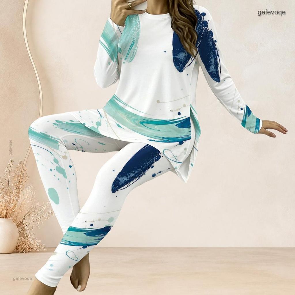 Women Plus Size Round Neck Long Sleeve Printed Longline Top And Fitted Pants Two Piece Set