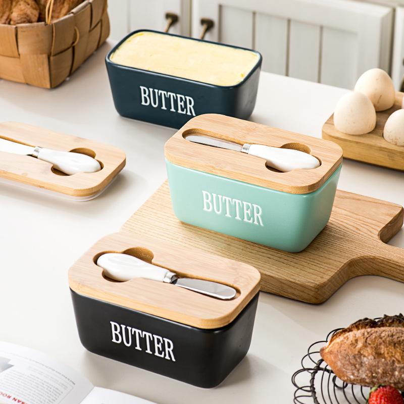 Ceramic Butter Box Rectangle Butter Sealed Box Butter Cutting Refrigerated Box Cheese Storage Box With Wooden Cover