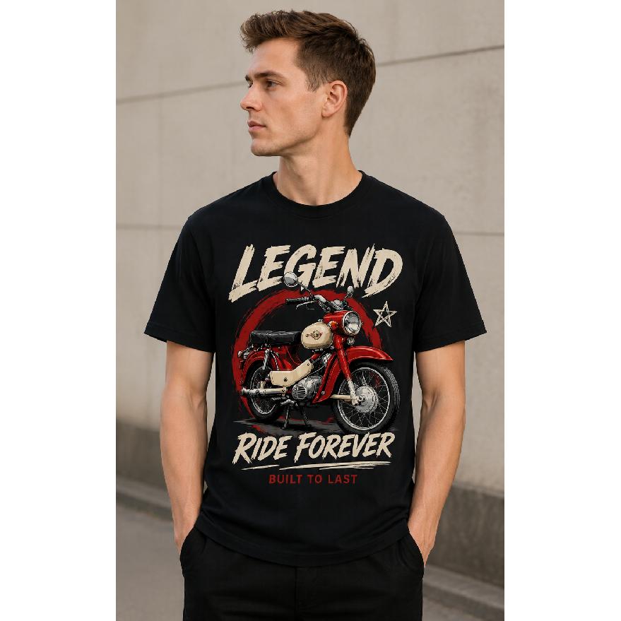 Men's Black Short Sleeve T-Shirt with Vintage Motorcycle Graphic, Crew Neck, Soft Cotton Feel, "Legend Ride Forever" Print for Biker Enthusiasts