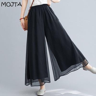 Sommer frauen Hosen Breite Bein Culottes Hose Weibliche Hohe Taille Dünne Chiffon Plus Größe Casual Damen Culottes