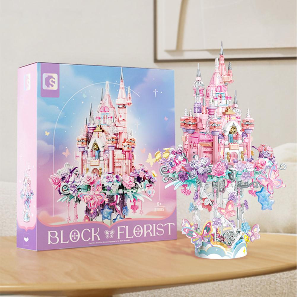 Flower Castle Building Blocks Set With Lights Dream Castle Building Kit DIY Assembly Toy Ornaments Gifts For Kids