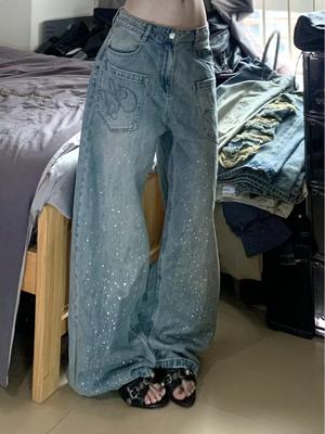 Spring 2026 Retro Rhinestone Embellished Washed Denim Wide-Leg Jeans - Casual, Loose Fit
