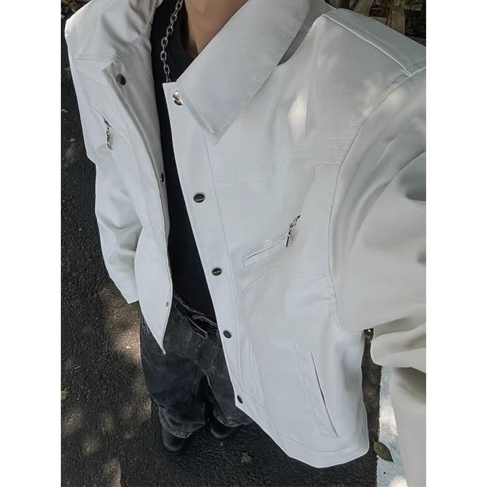 Autumn and winter niche deconstruction high sense ruffian handsome locomotive top jacket men's retro trendy brand PU leather jacket short jacket