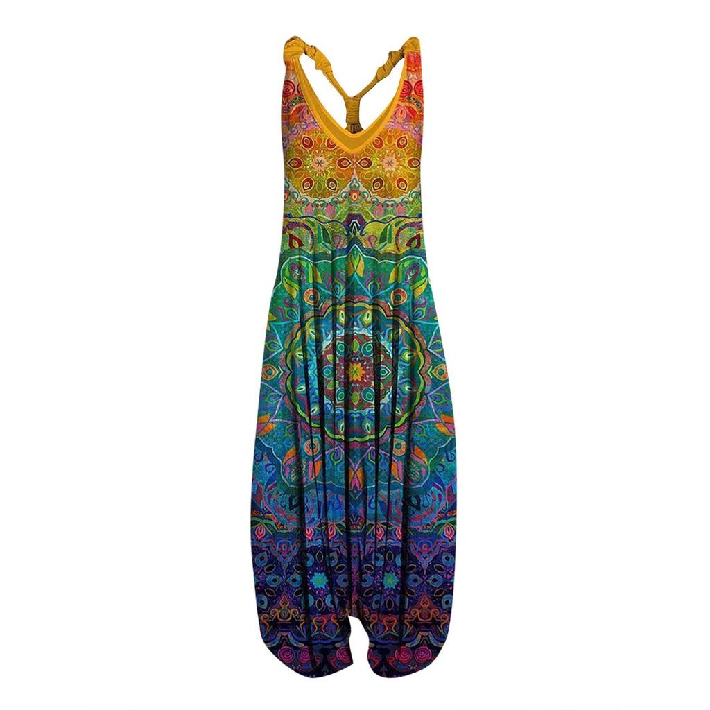 Women's Casual Bohemian Print Loose Large Size Casual Sleeveless Strappy Jumpsuit