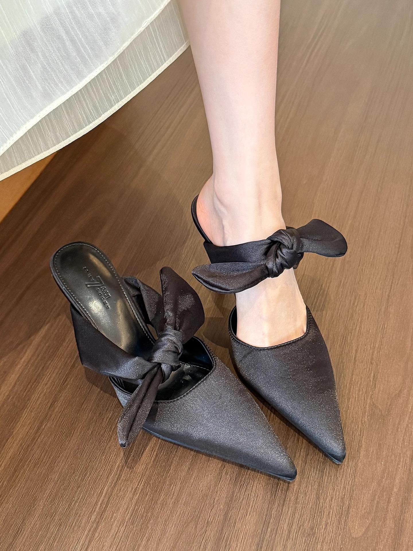 

New Chinese satin bow pointed head stiletto high heels 2025 new fashion design bag head half slippers 40