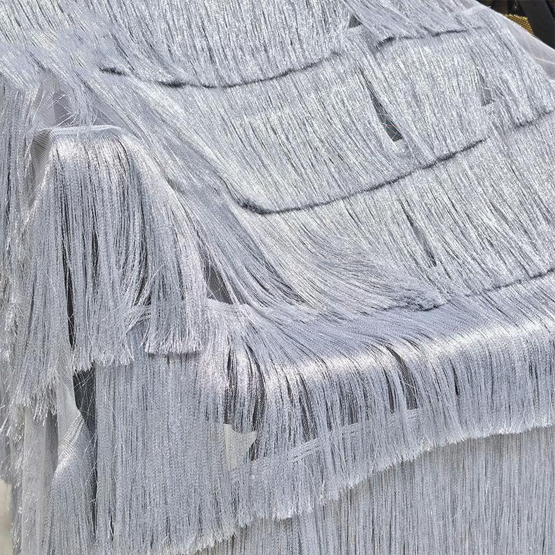 

Luxury High-density Embroidery 9 Layer 20cm Long Tassel Fringe Tulle Fabric For Diy Stage Performance Costume Dancewear Dress 50X147cm