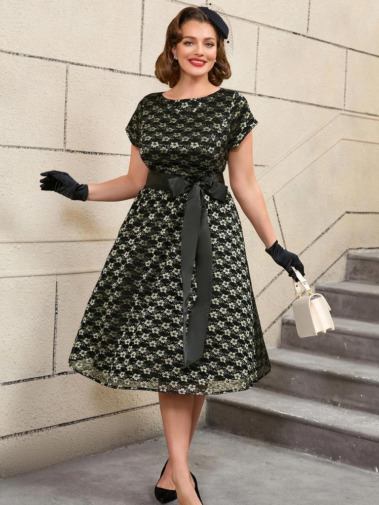 Print O Neck Short Sleeve Lace-Up High Waist A Line Mid-Calf Dress Elegant Vintage Style Dress for Women Party Outfit