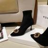 Square Buckle Rhinestone Pointed High Heel Short Boots Women's Autumn and Winter New Thin Heel Black Suede Elastic Thin and Ankle Boots Socks Boots