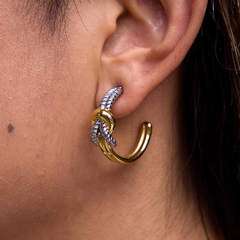 Uworld Personalized Designer Classic 18K Gold Color Plated Stainless Steel Two-Tone Knot Threaded Double Layer C-Ring Earrings S