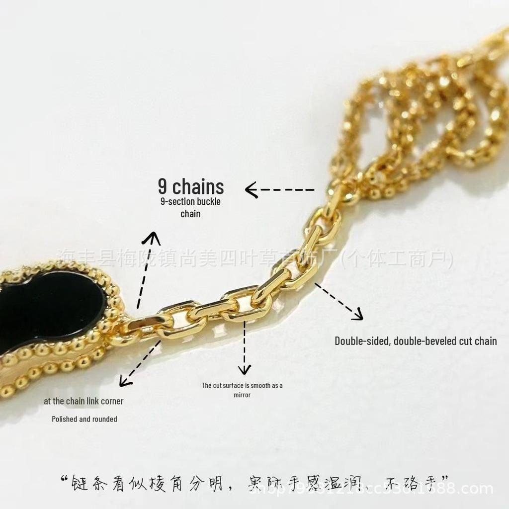 V Gold 18K Thick Plated Four-Leaf Clover & Five-Flower Bracelet with CNC Precision Carved Buckle and Purple Chalcedony, Agate & Mother-of-Pearl.