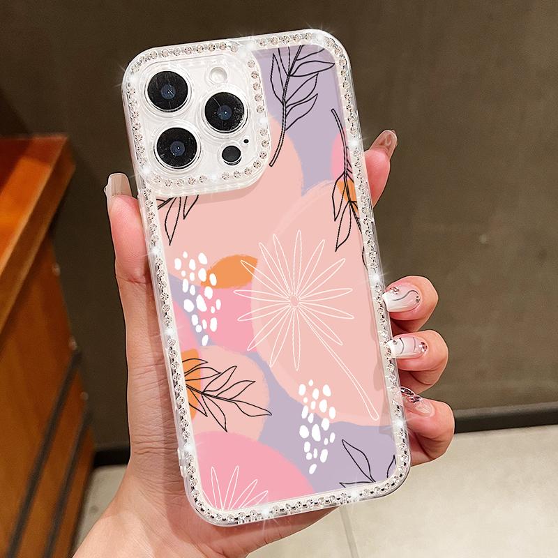 Crystal Diamond Oil Painting Flower Clear Case For iPhone 16e 16 14 15 Pro Max 13 12 Pro Max 11 Soft Silicone Phone Cover Coque