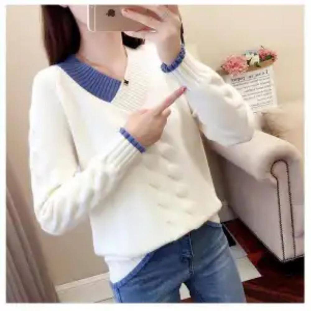 New Autumn and Winter Fashion Korean Version Lazy Style Color Blocking V-neck Plush Loose and Versatile Women's Knitted Sweater