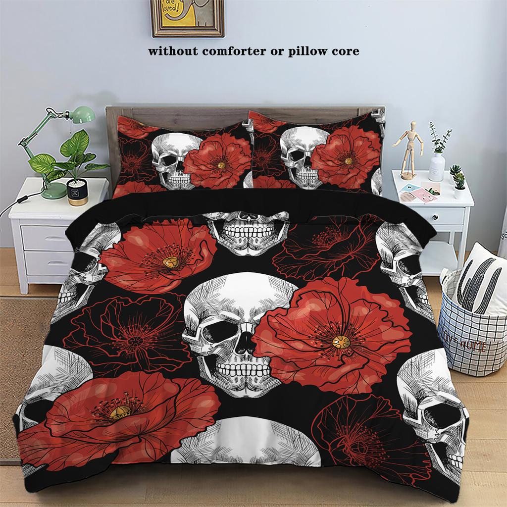 3-piece down duvet cover set with skull flower pattern print (1 duvet cover+2 pillowcases, no core) Halloween themed bedding set