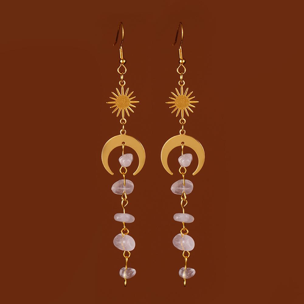 New Bohemia Fashion Crystal Earrings Birthstone Earrings Rose Quartz Moonstone Peridot Raw Crystal Black Tourmaline Wholesale