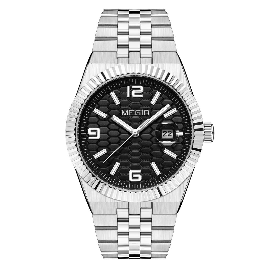Megir Large Dial Business Leisure Watch Stainless Steel Waterproof Luminous Man Wristwatch Clock Auto Date Gift for Men Reloj Hombre 1101