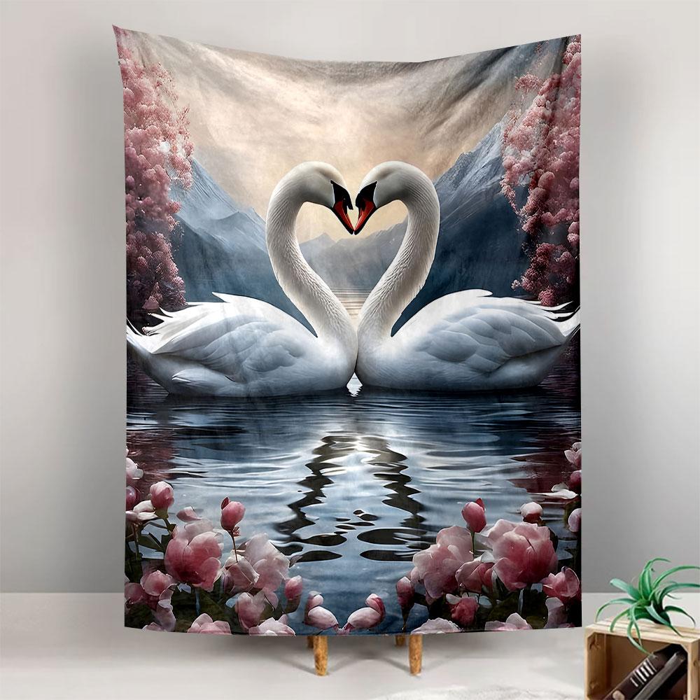 White Swans Heart Lake Wall Tapestry Two Swans Necks Form Heart Cherry Blossom Mountains Romantic Decor for Bedroom Living Room Gift