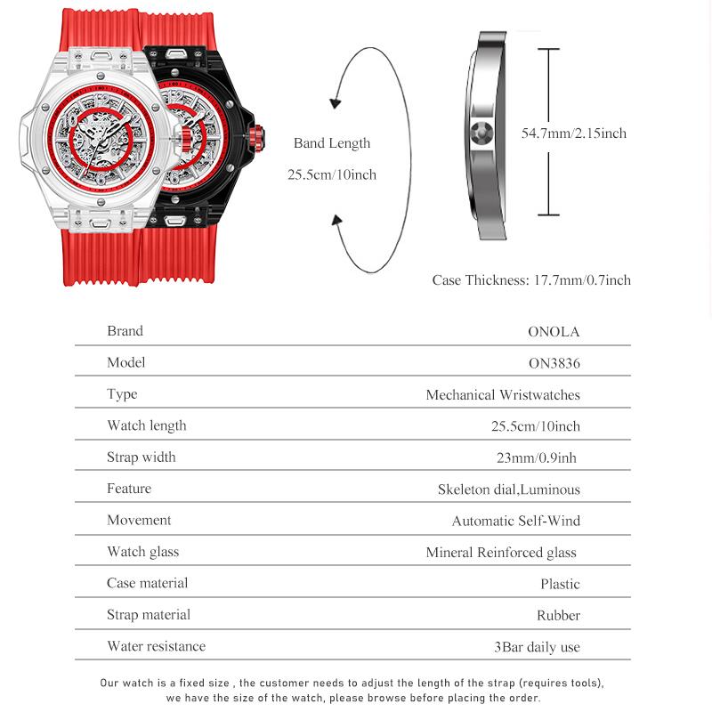 Skeleton Automatic Mechanical Watch for Men Casual Transparent Case Waterproof Luminous Wrist Watch Silicone Strap