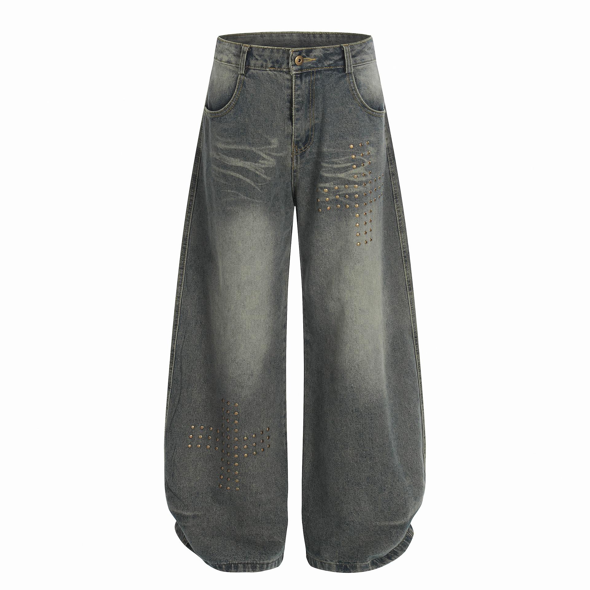 New American retro cross rivet loose jeans personalized washed vibe scimitar pants S