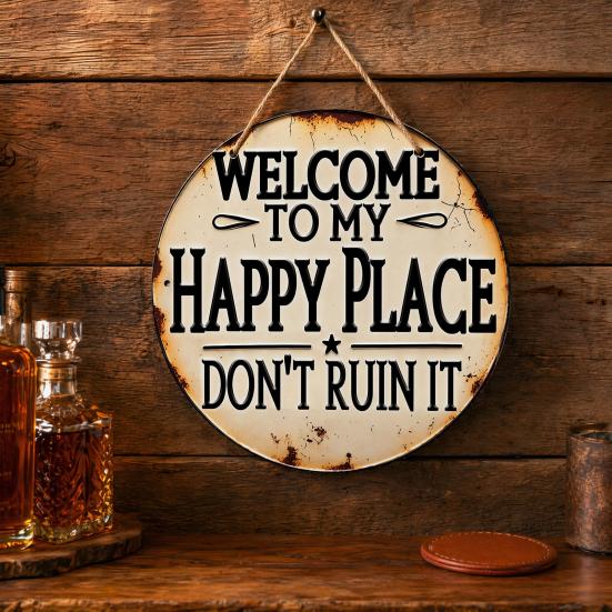 Funny Garden Wooden Sign Vintage This Is My Happy Place Welcome Round Sign Farmhouse Rustic Hanging Wall Decor for Home Bar Patio Man Cave