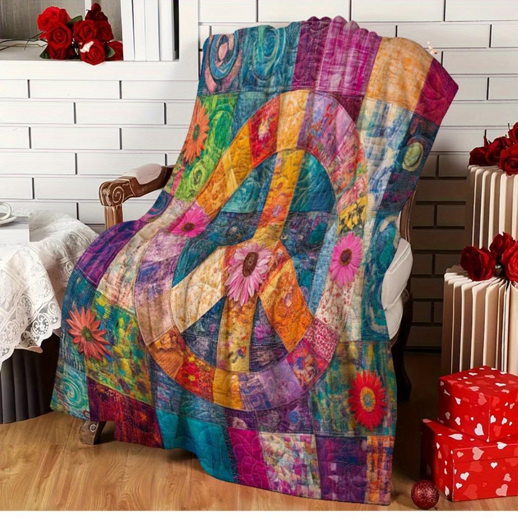 Vibrant Peace Sign Print Patchwork Quilt, Colorful Floral Polyester All-Season Throw for Sofa Bed, Home Decor & Gift