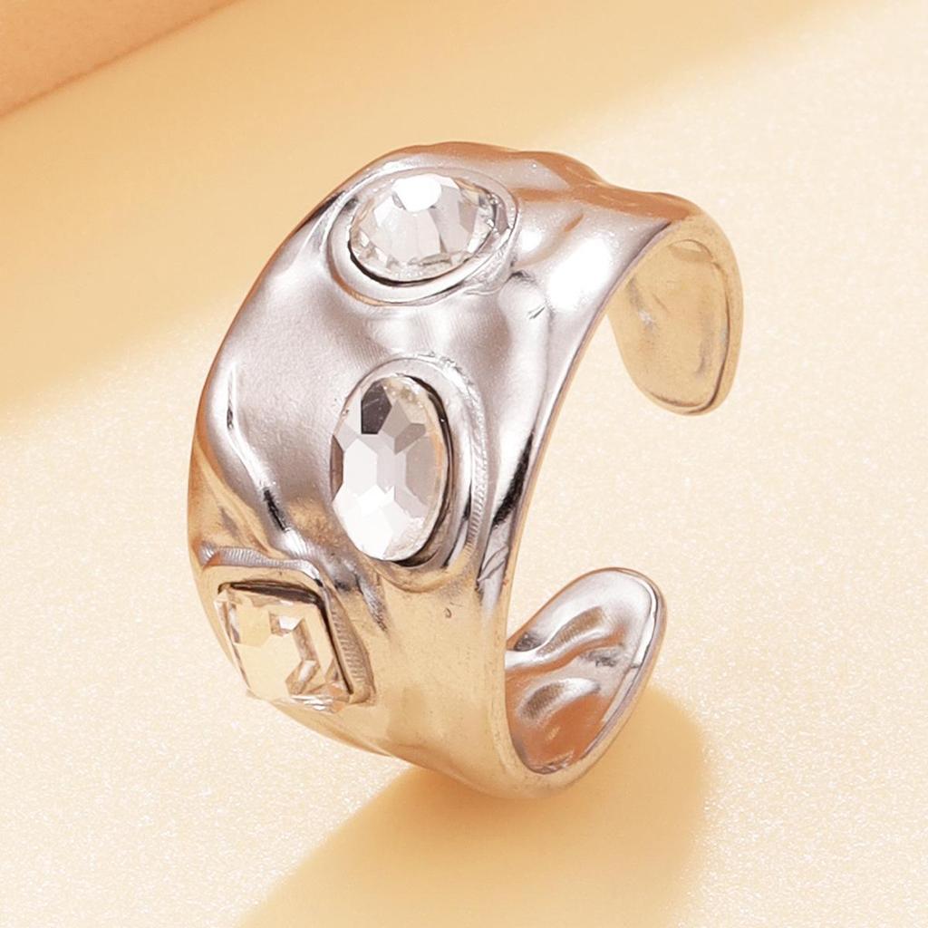 18K Gold-Plated Retro Geometric Crystal Open Ring for Women - Diamond Inlaid, Stainless Steel Jewelry