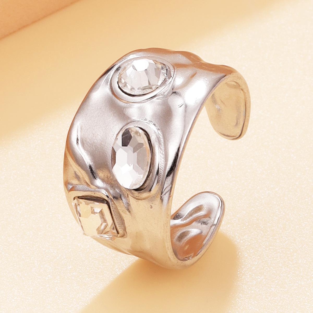 18K Gold-Plated Retro Geometric Crystal Open Ring for Women - Diamond Inlaid, Stainless Steel Jewelry