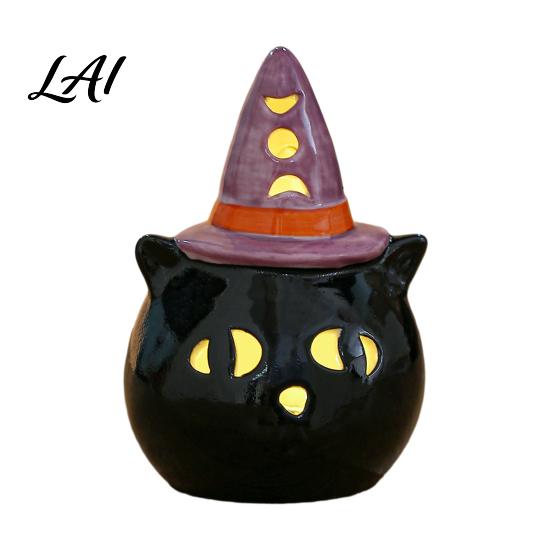 Hand Painted Ceramic Night Light Halloween Tealight Holder Lighted Ghost Pumpkin Figurine with Cute Wizard Hat Decor Witch Hat Tiered Tray Tabletop