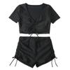 Solid Color Swimsuit Stylish Women's Summer Bikini Set with V-neck Top High Waist Drawstring Swimsuit 2 Piece Set for Beach