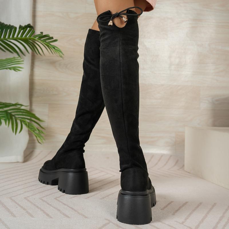 Over The Knee Thigh Boots Fashion Round Toe Suede Platform Non-Slip Block Heel Skinny Boots