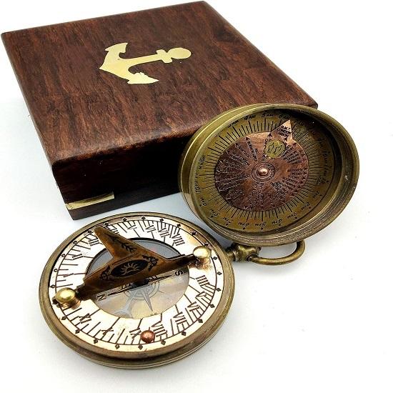 Pocket Sundial Compass with Wooden Box, Both Side on lid Handwork