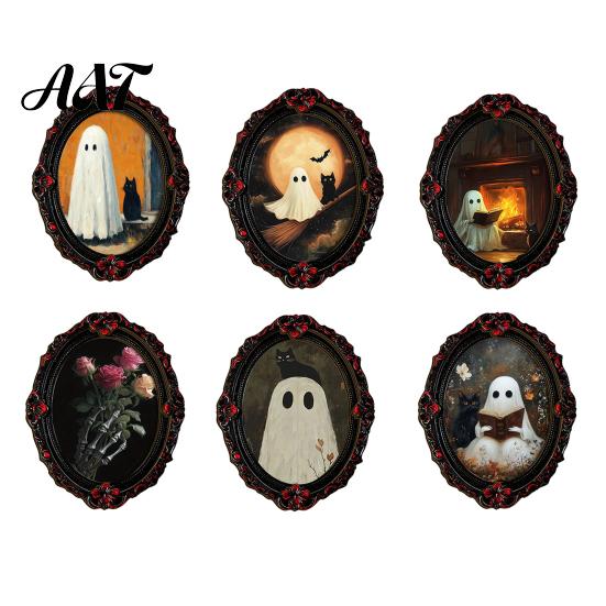 Dark Aesthetic Metal Cabinet Magnets Halloween Wooden Refrigerator Magnets, Vintage Gothic Oval Frame Fridge with Witch Indoor Theme Decorations Ghost