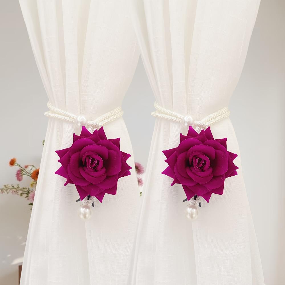 2Pcs Romantic Rose Curtain Strap Gauze Curtain Strap Simulation Rose Valentine's Day Decorative Curtain Strap